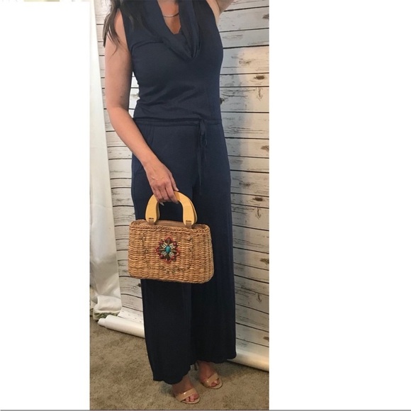 Max Studio Sleeveless Navy Blue Cowl Neck Jumpsuit Pockets L - Picture 1 of 7